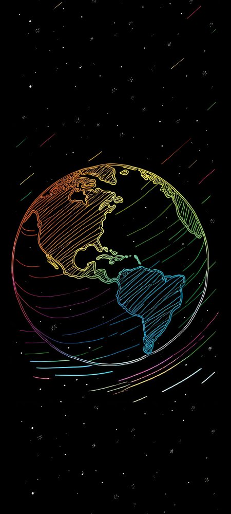彩虹渐变线描地球宇宙流星创意插画手机壁纸