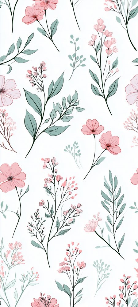 淡雅粉色碎花植物线描插画手机壁纸