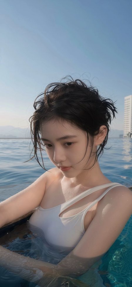 清纯美女白色泳衣泳池夏日阳光美女手机壁纸