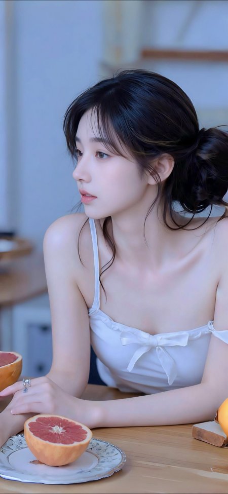 西柚早餐白吊带上桌侧颜清纯美女手机壁纸