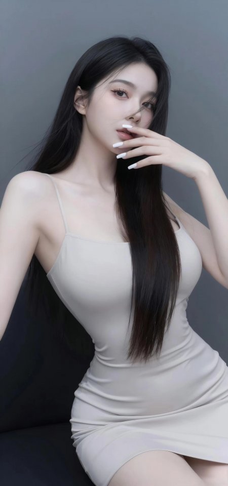 米色吊带长发气质美女摄影手机壁纸
