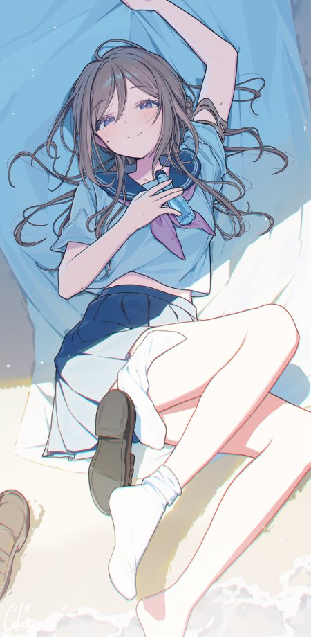水手服少女沙滩躺卧波子汽水少女手机壁纸