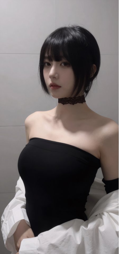 黑上衣白衬衫露肩冷艳美女手机壁纸