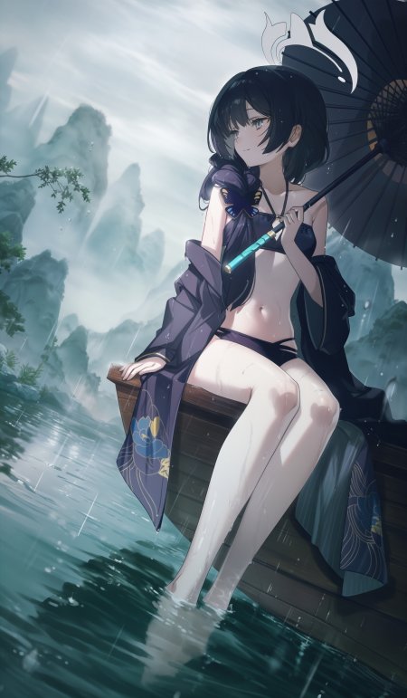 黑发少女撑伞泛舟烟雨山水少女手机壁纸