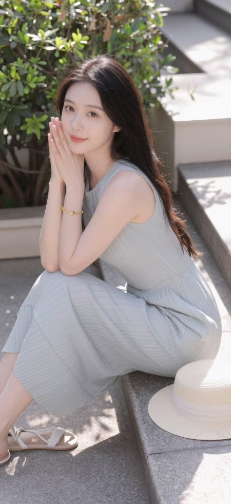 石阶花园蓝裙美女托腮微笑户外摄影手机壁纸