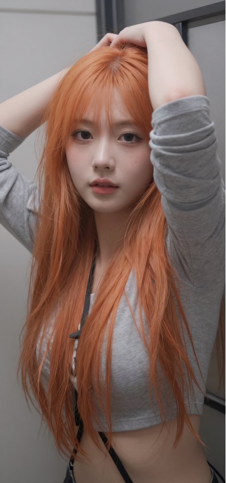 橘色长发灰紧身上衣抬手人像美女手机壁纸