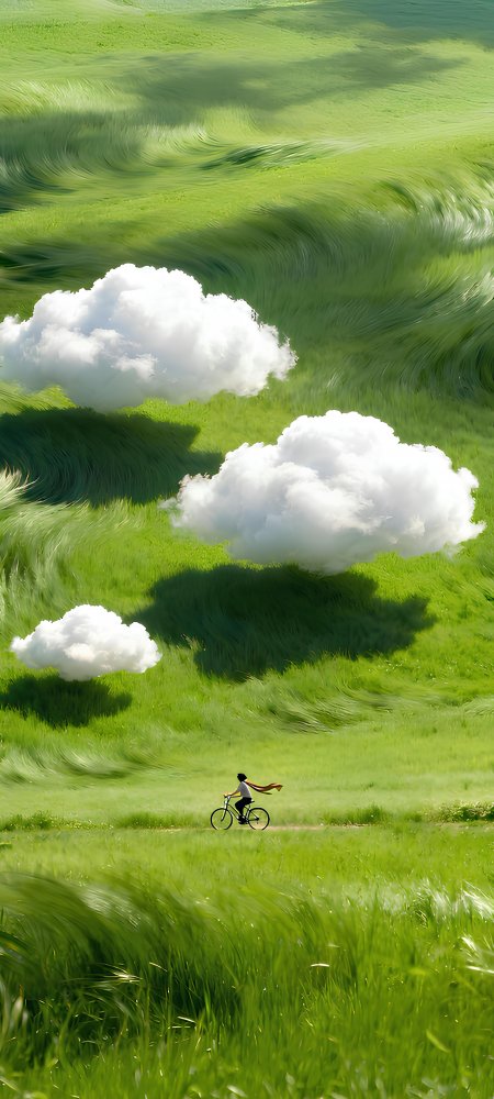 绿色草地骑行超现实梦幻风景手机壁纸