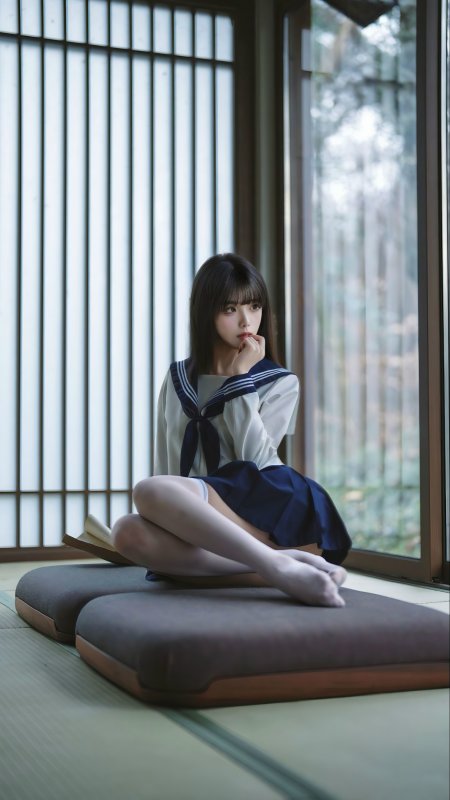 清纯长发美女水手服和室坐姿美女手机壁纸