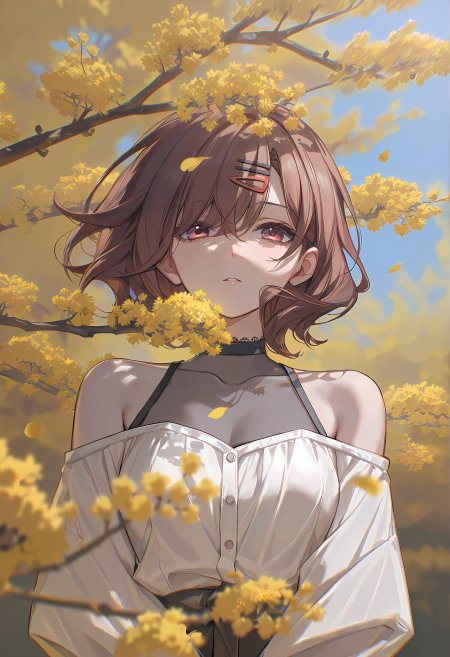 黄花树下棕发红瞳露肩白衣清新少女手机壁纸