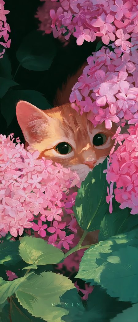 橘猫探头粉色绣球花丛治愈插画手机壁纸