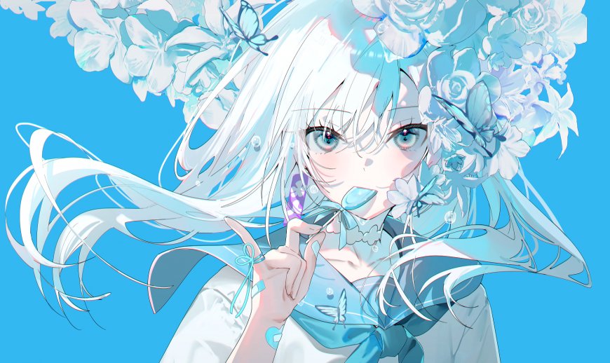白发蓝瞳少女棒棒糖花卉蝴蝶动漫电脑壁纸