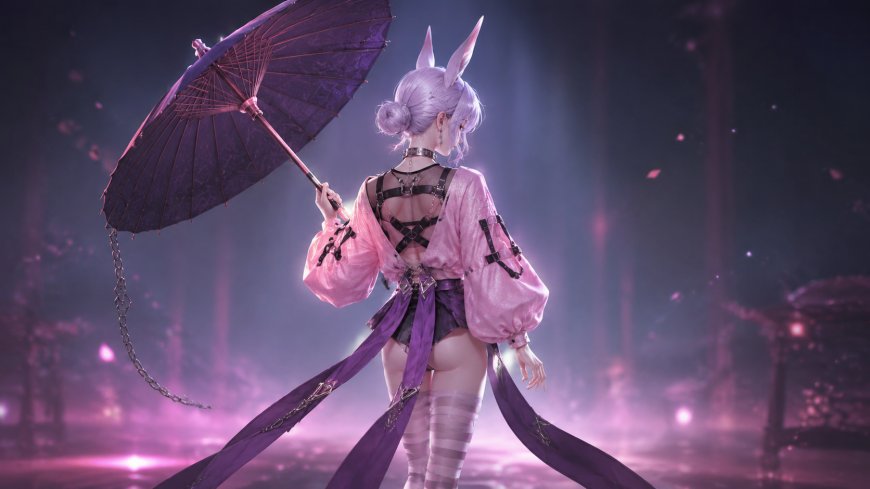紫调兔耳少女持伞背影梦幻动漫电脑壁纸