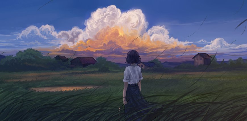 动漫少女短发背影黄昏火烧云风景电脑壁纸