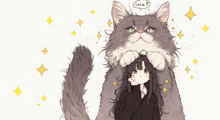 巨型猫咪与黑发少女萌系治愈创意二次元动漫电脑壁纸
