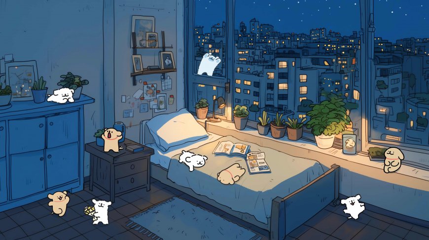 萌宠深夜卧室窗外城市灯火创意二次元动漫电脑壁纸