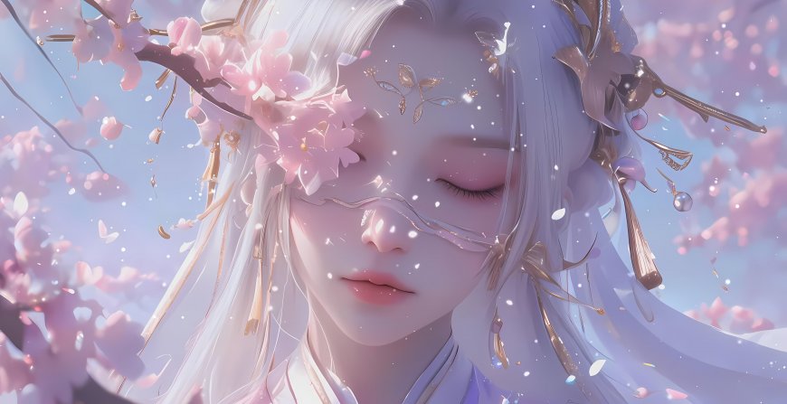 白发少女闭眼樱花金色头饰二次元动漫电脑壁纸