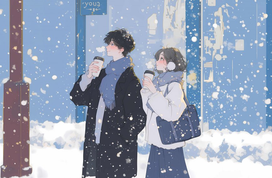 冬日飘雪情侣持咖啡对视温馨二次元动漫电脑壁纸