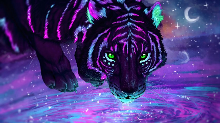 赛博霓虹发光猛虎饮水月夜酷炫动物动漫电脑壁纸