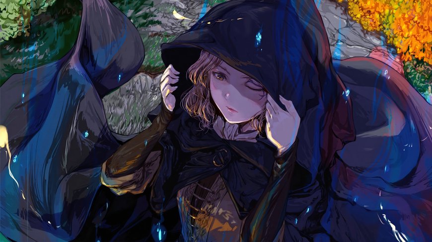 神秘黑袍褐发少女秋日幽蓝雨夜二次元动漫电脑壁纸