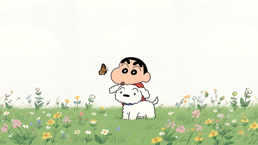 蜡笔小新花丛蝴蝶治愈二次元动漫电脑壁纸