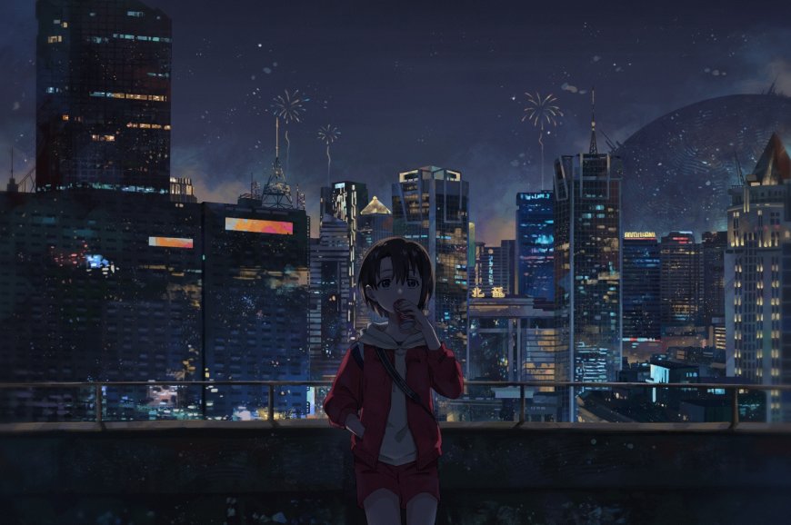 红衣少女天台俯瞰繁华都市夜景二次元动漫电脑壁纸