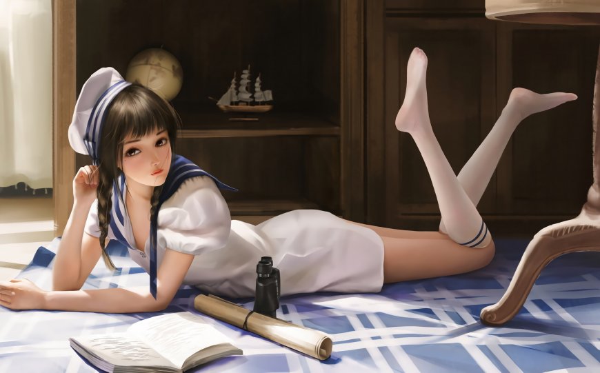 水手服少女航海趴卧书房望远镜二次元动漫电脑壁纸