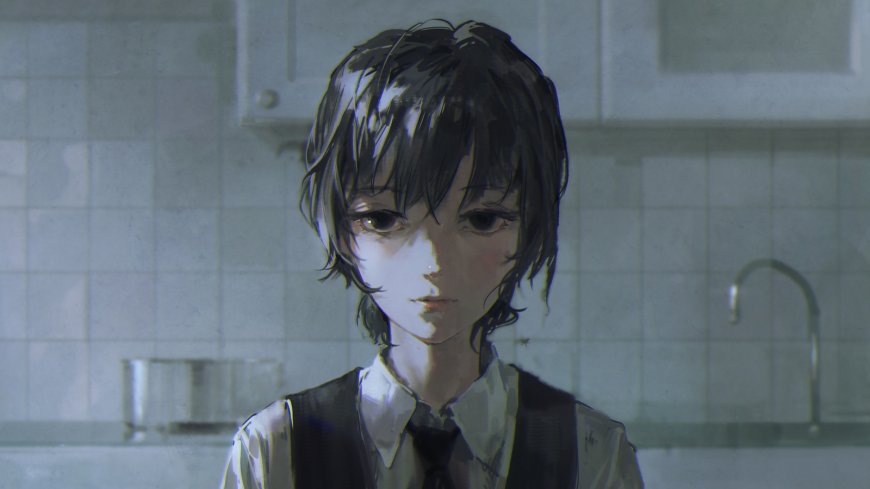 厨房背景忧郁短发制服少女二次元动漫电脑壁纸
