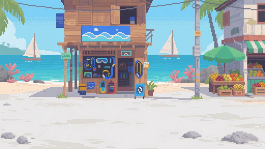 复古像素风夏日热带海滩风景电脑壁纸