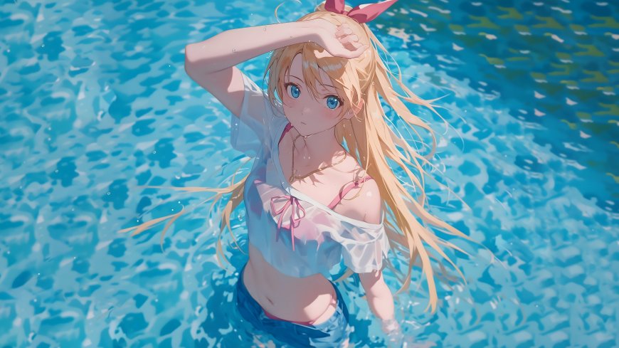 金发少女泳池戏水遮阳夏日清凉二次元动漫电脑壁纸