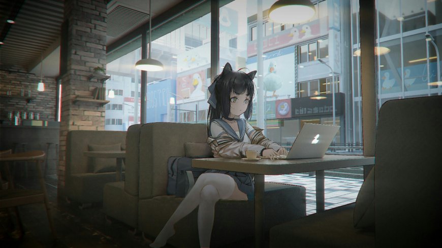 猫耳校服少女咖啡厅用笔记本白丝二次元动漫电脑壁纸