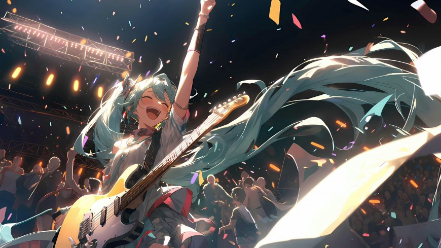 初音未来演唱会弹吉他欢呼现场二次元电脑壁纸