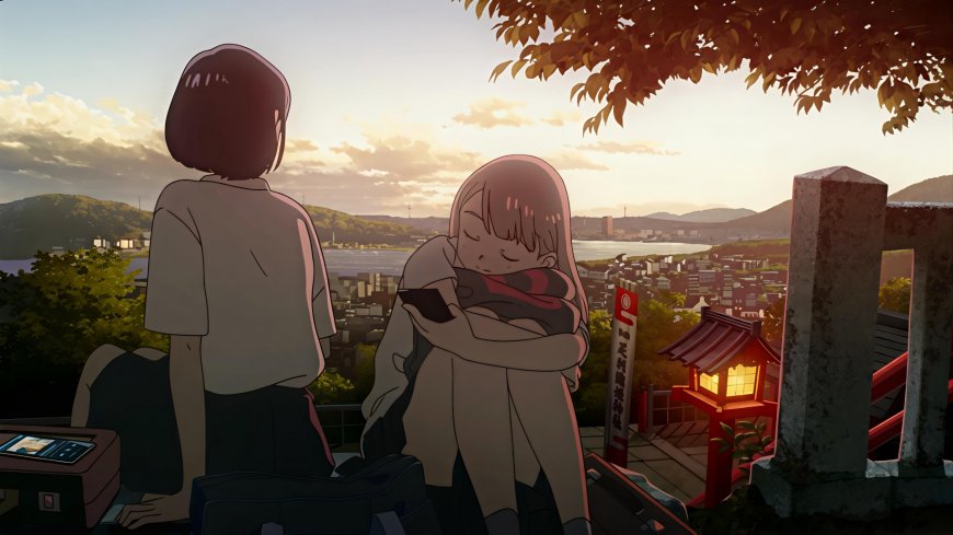 新海诚风夕阳城市制服少女二次元动漫电脑壁纸