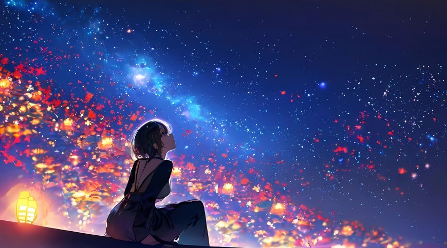 动漫少女仰望星空漫天灯火治愈二次元动漫电脑壁纸