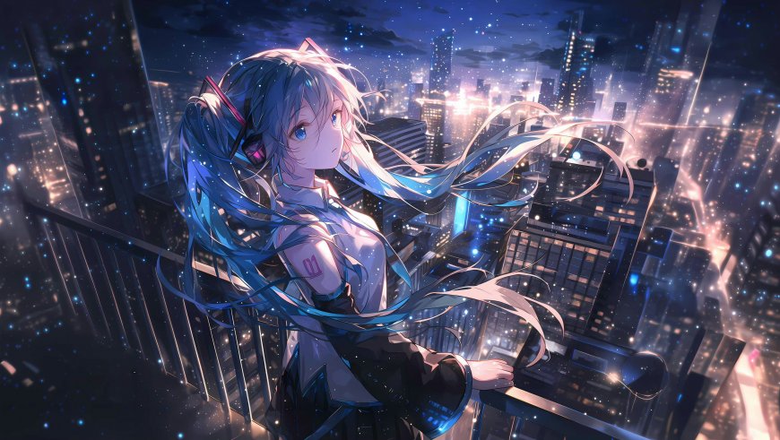 初音未来阳台都市夜景青蓝少女二次元电脑壁纸