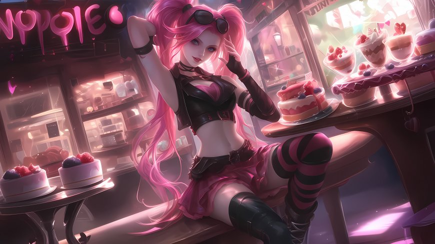 粉发双马尾动漫少女甜品店霓虹二次元动漫电脑壁纸