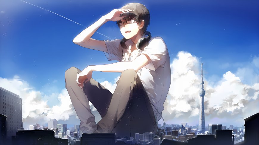 巨大眼镜少年俯瞰都市云创意二次元动漫电脑壁纸