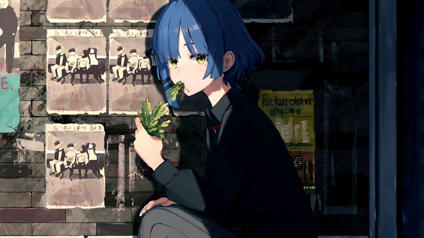 蓝发酷帅少女街头啃草砖墙阴影二次元动漫电脑壁纸