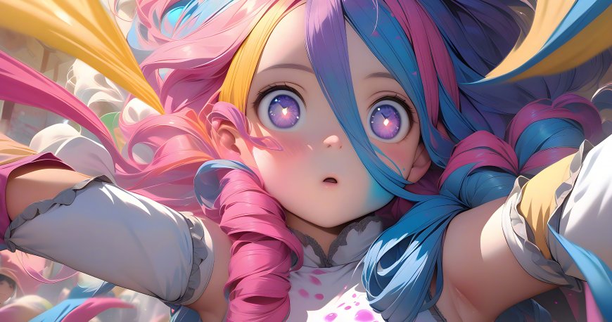 七彩发色呆萌动漫少女紫瞳可爱二次元动漫电脑壁纸