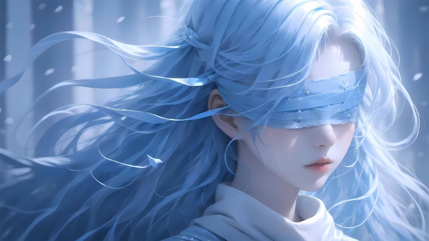 蓝发蒙眼少女飘雪清冷梦幻二次元动漫电脑壁纸