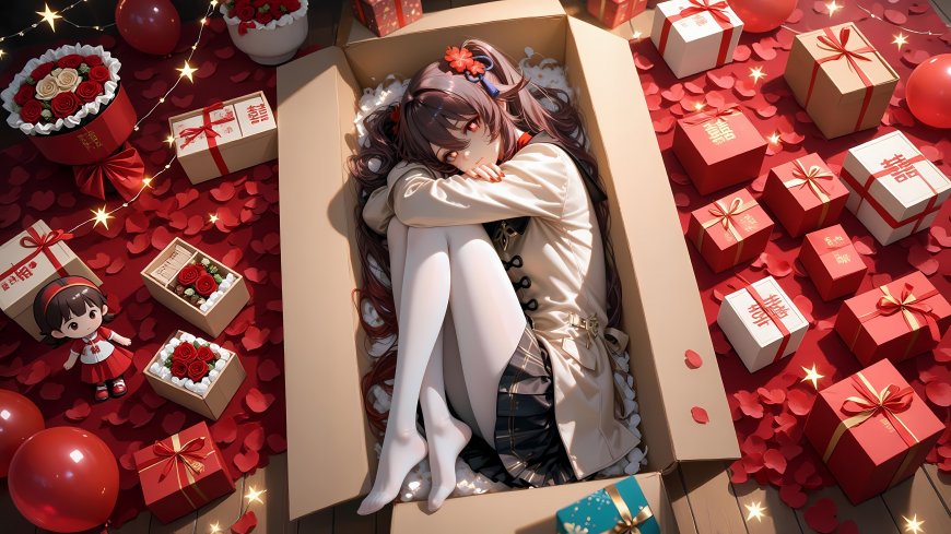 礼物纸箱动漫少女玫瑰花瓣白丝二次元动漫电脑壁纸