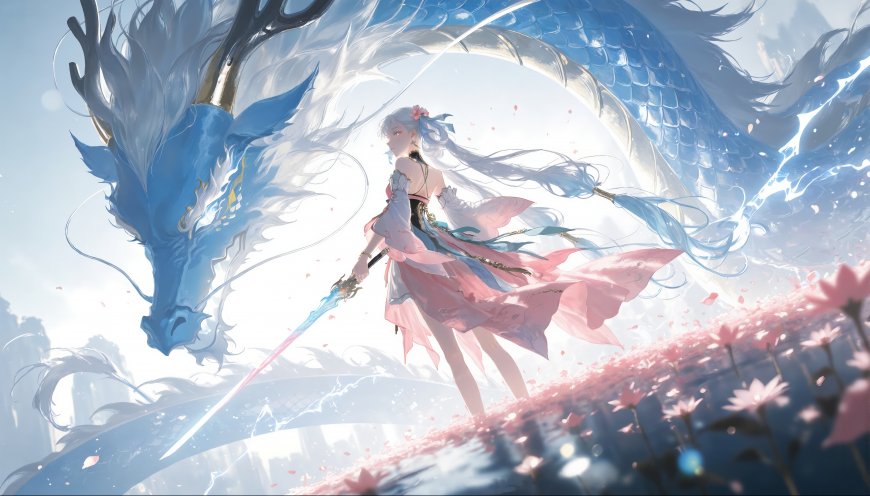 唯美银发少女青龙花海唯美二次元动漫电脑壁纸