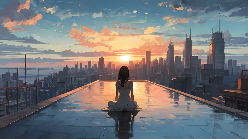 少女天台落日都市倒影治愈二次元风景电脑壁纸