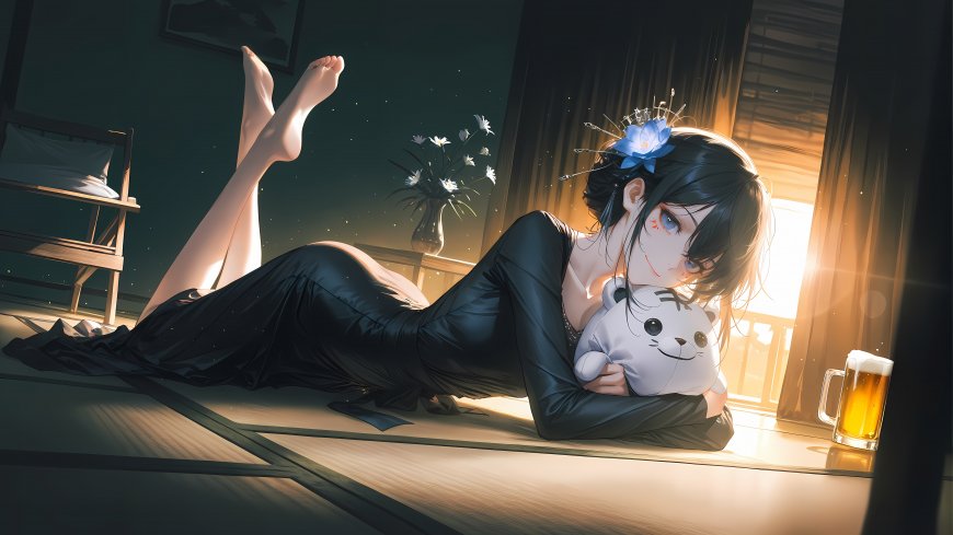 黑衣动漫少女榻榻米趴卧萌虎玩偶二次元动漫电脑壁纸