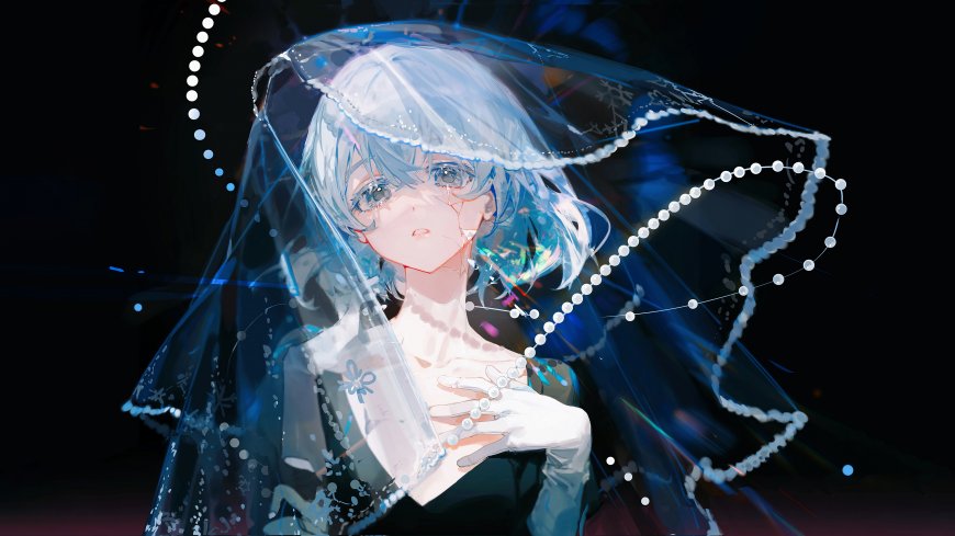 银蓝短发少女珍珠头纱忧郁清冷二次元动漫电脑壁纸
