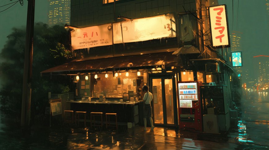 雨夜少女背影暖灯深夜食堂街景二次元动漫电脑壁纸