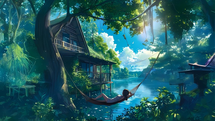 少女森林吊床小溪夏日木屋治愈二次元风景电脑壁纸