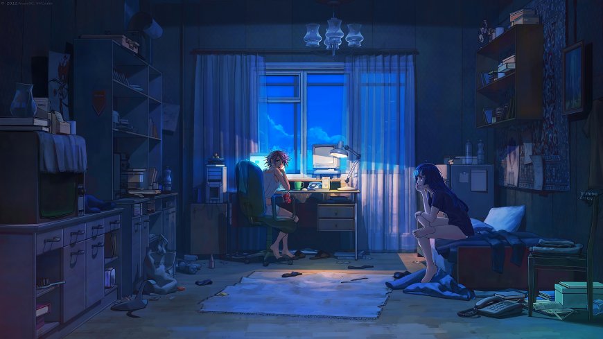 深夜两少女电脑学习静谧蓝调二次元动漫电脑壁纸