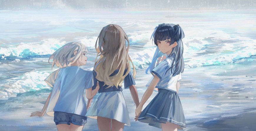 三位少女牵手海边漫步夏日二次元动漫电脑壁纸