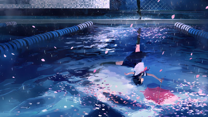 雨中泳池落樱红伞制服少女创意二次元动漫电脑壁纸