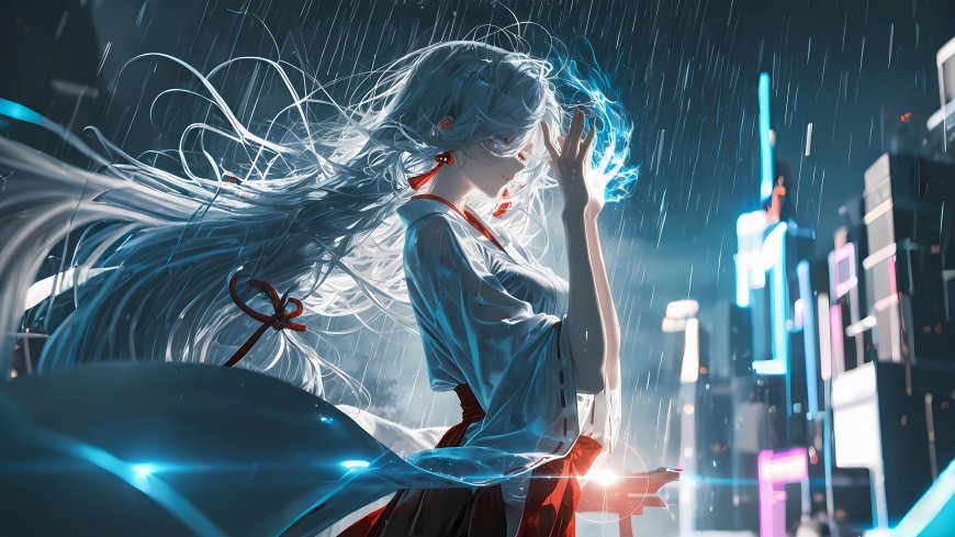 银发和服动漫少女雨夜都市霓虹二次元动漫电脑壁纸